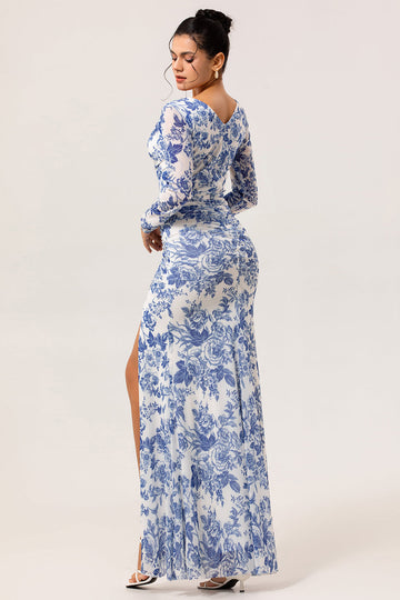 Blue & White Floral Sheath Long Sleeves V-Neck Maxi Dress with Side Slit